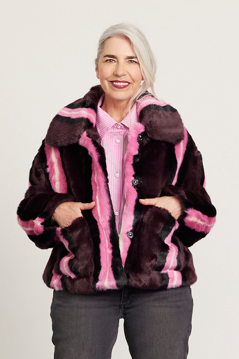 Jakke Traci Burgundy Stripe Faux Fur Coat – The Bias Cut